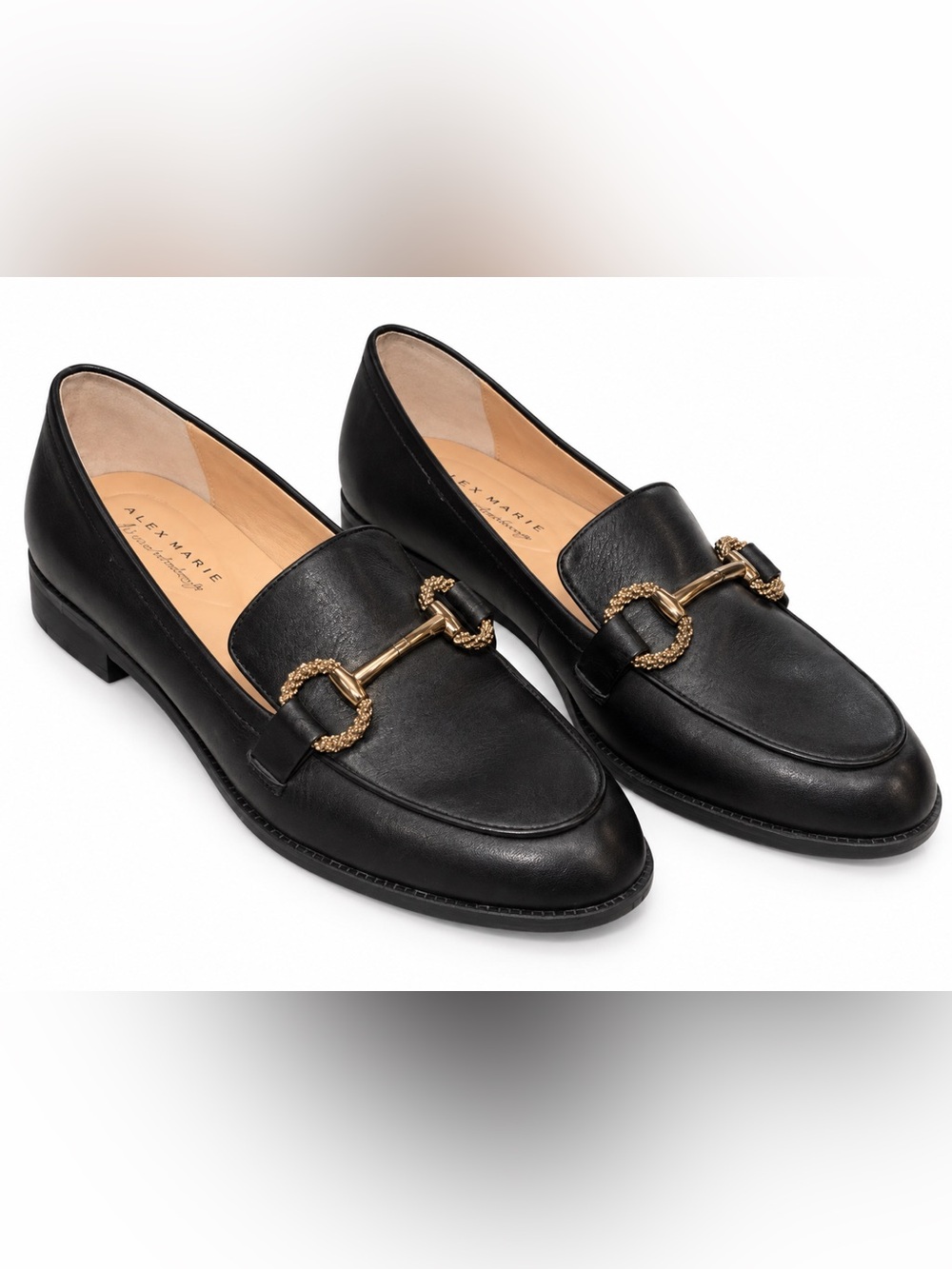 Alex Marie Black Leather Loafers with Gold Horsebit Detail